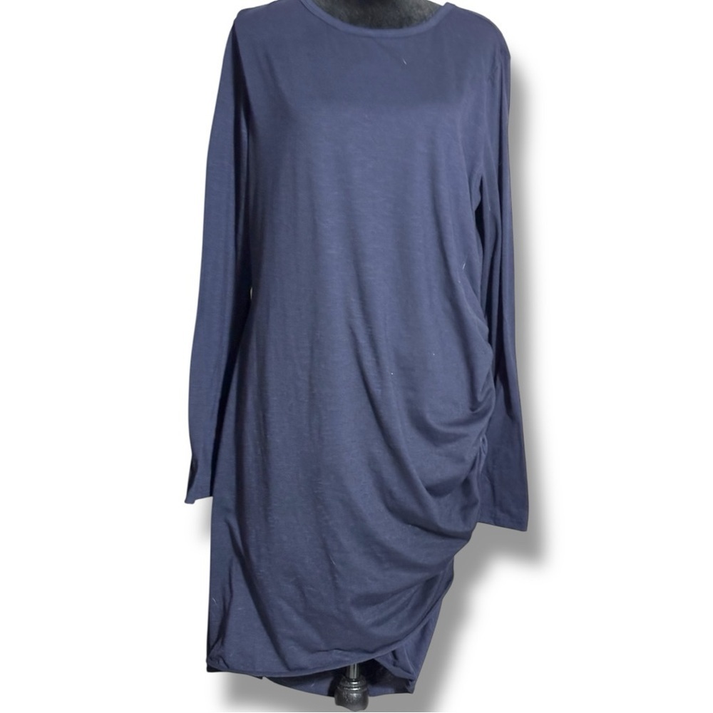 Unbranded Chic Long Sleeve Navy Side Rouching Crewneck Bodycon Midi Dress